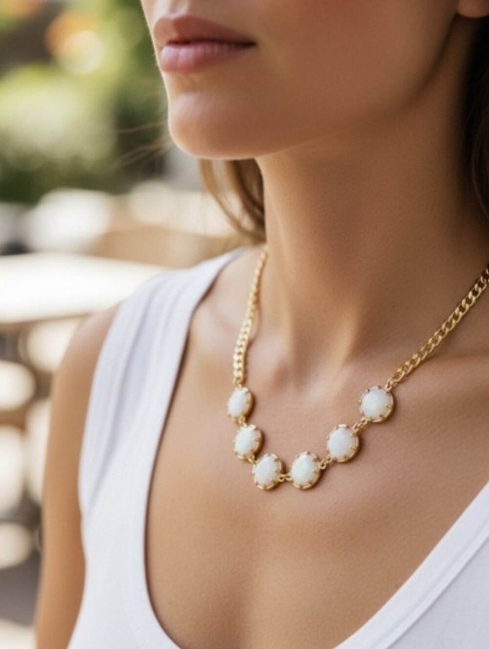 Zoetik Gold-tone Choker Necklace w/ Round White Cabochon Stones - 19" ~ NWOT